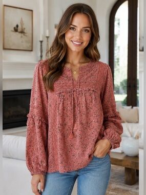 Easel Dusty Rose Floral Crochet-Trim Peasant Blouse Sz M